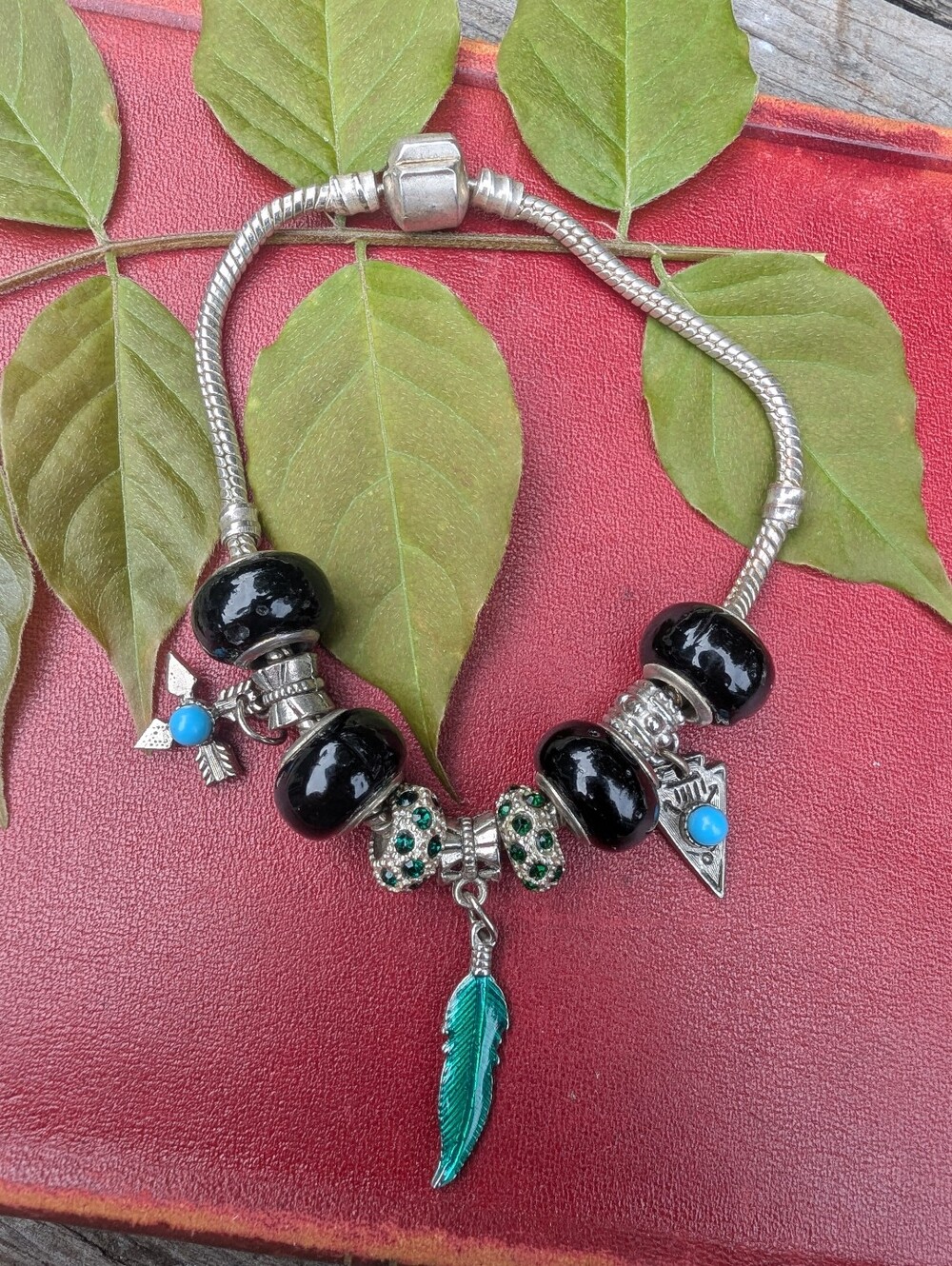 Southwestern Charm Bracelet with Black Beads and Teal Feather Charm